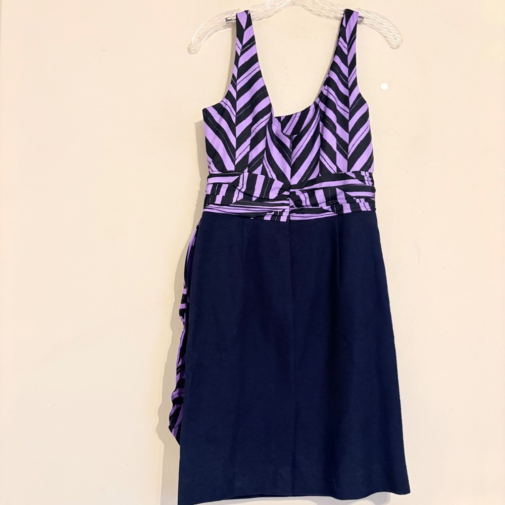 Milly Marcela Silk Purple Black Striped Sleeveless Sheath Dress Side Drape Sz 4 - Picture 11 of 15